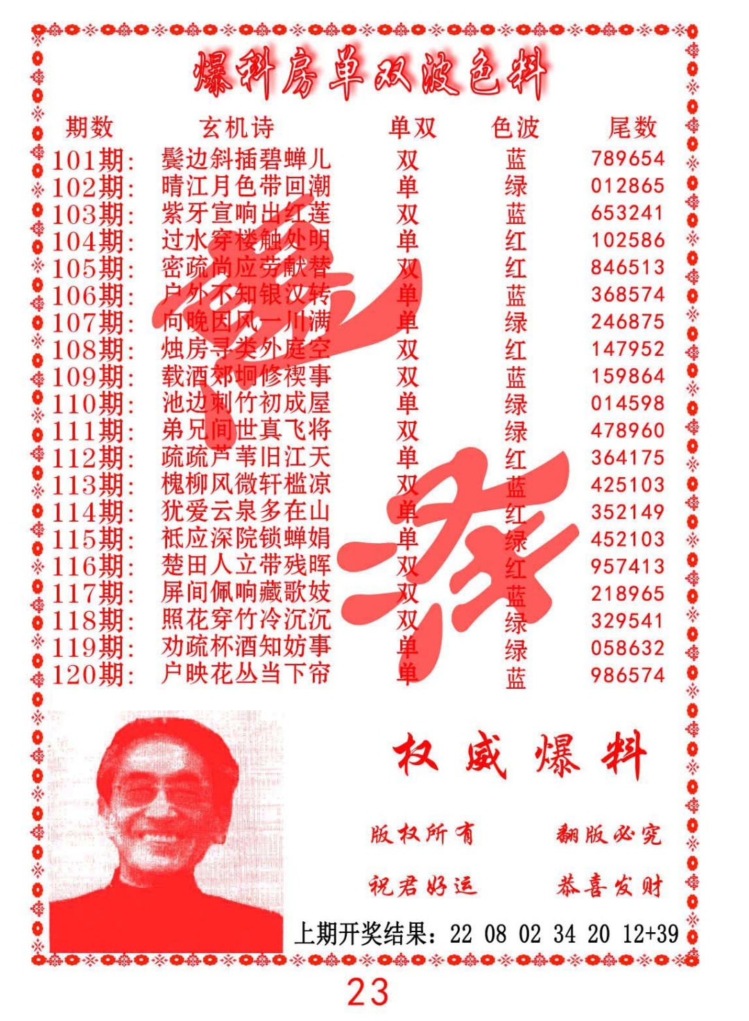 102期爆料房单双波色料[图]